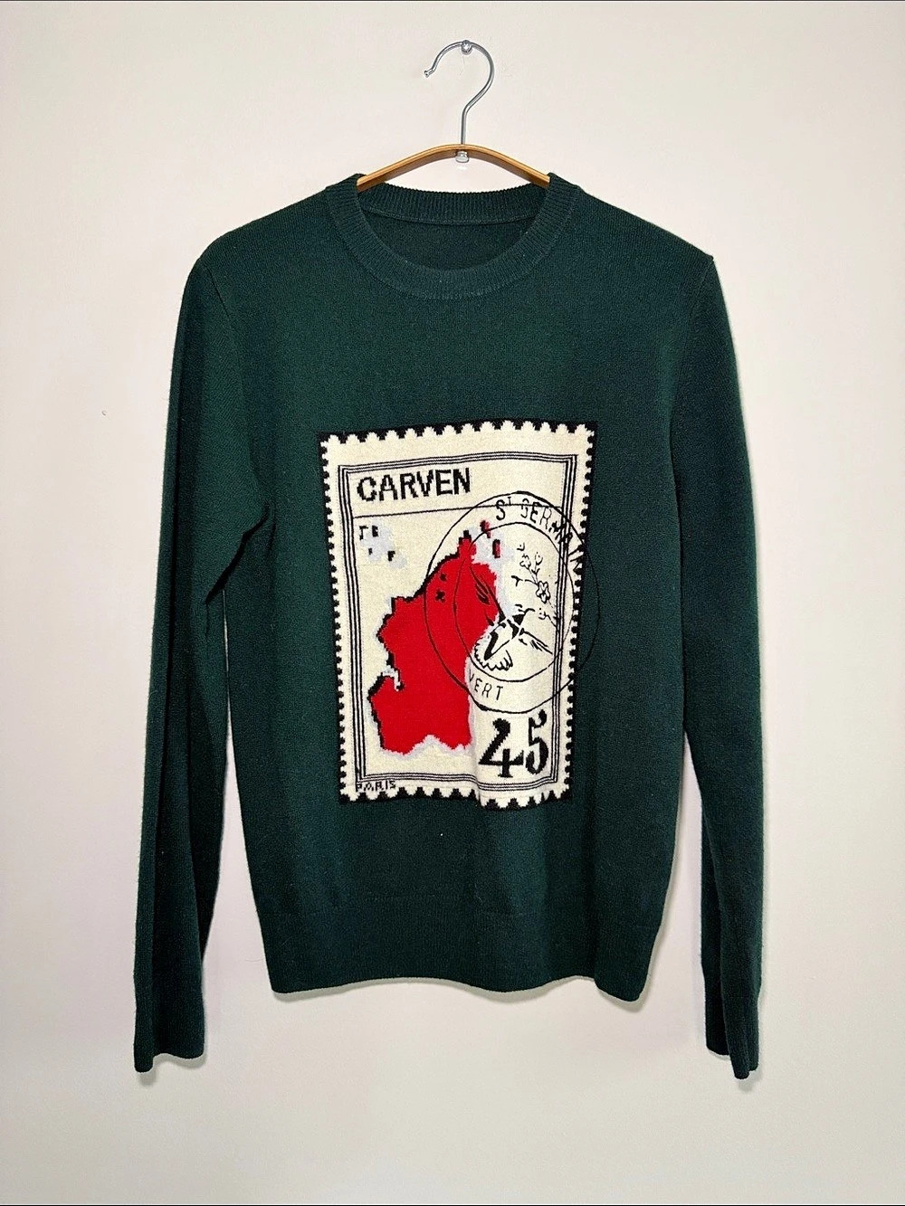 Cashmere and Wool Carven Graphic Crewneck Sweater in Green
